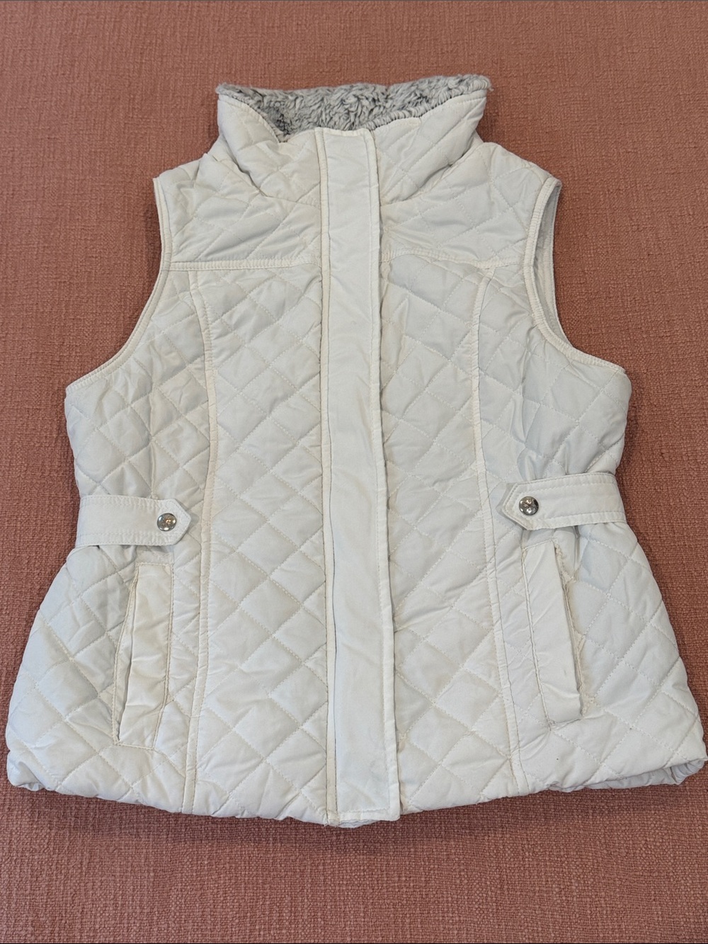 Women's medium plush Quilted White warm Vest with front pockets and zip front